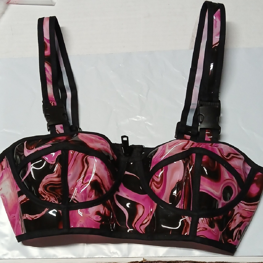 Dolls Kill Club Exx Lady Acid Pink Holographic Swirl Print PVC Bra Top Sz S Rave